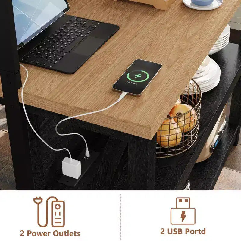 Isola da Cucina in Legno con Presa di Corrente e Luci a LED, Scaffale da Forno con Contenitori, Nero