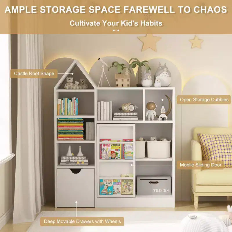 Libreria per bambini CuisinSmart da 43 pollici con 7 ripiani, libreria per bambini a 3 ripiani con imbracatura, organizer per giocattoli per sala giochi, asilo nido, aula
