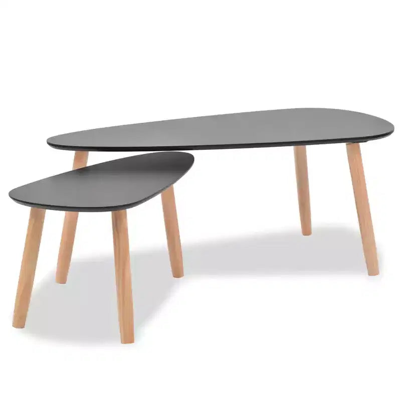 Tavolino da caffè, set da 2, nero, gambe in legno massello di pino, piano in MDF