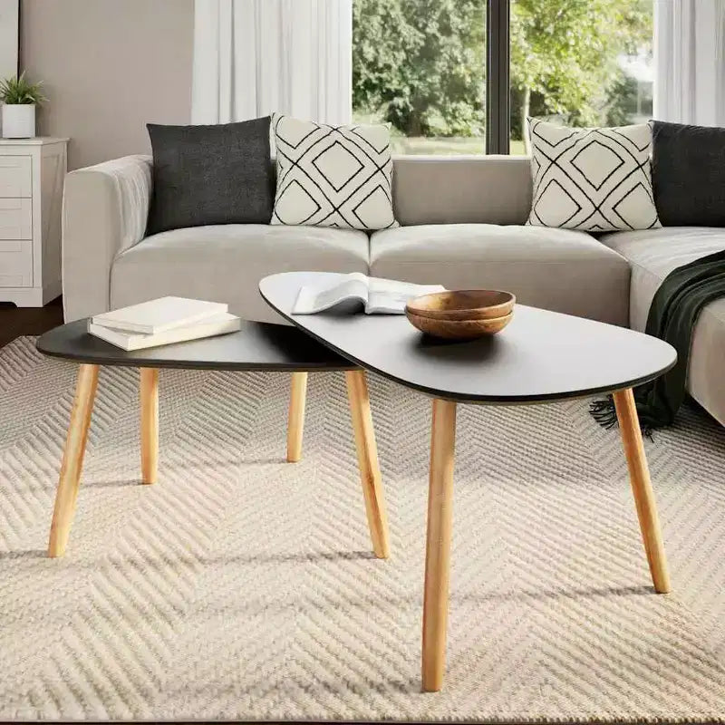 Tavolino da caffè, set da 2, nero, gambe in legno massello di pino, piano in MDF