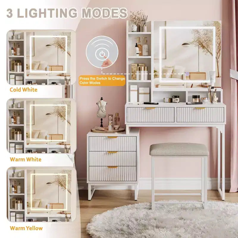 Toeletta con specchio e luci, Toeletta per il trucco con specchio scorrevole illuminato, Set tavolo da trucco con 4 cassetti, Sgabello imbottito