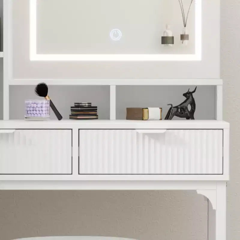 Toeletta con specchio e luci, Toeletta per il trucco con specchio scorrevole illuminato, Set tavolo da trucco con 4 cassetti, Sgabello imbottito