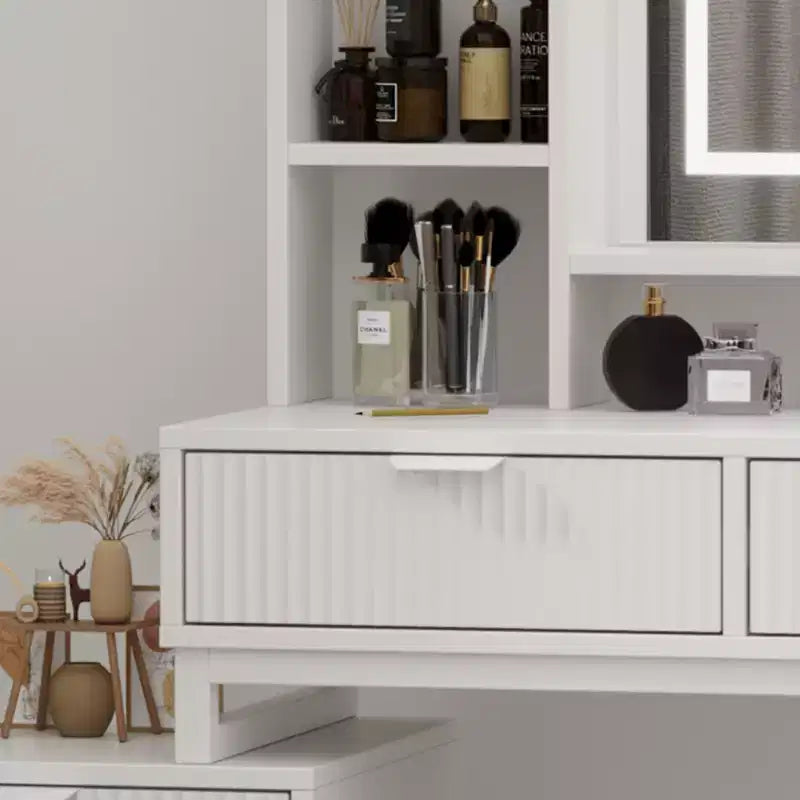 Toeletta con specchio e luci, Toeletta per il trucco con specchio scorrevole illuminato, Set tavolo da trucco con 4 cassetti, Sgabello imbottito