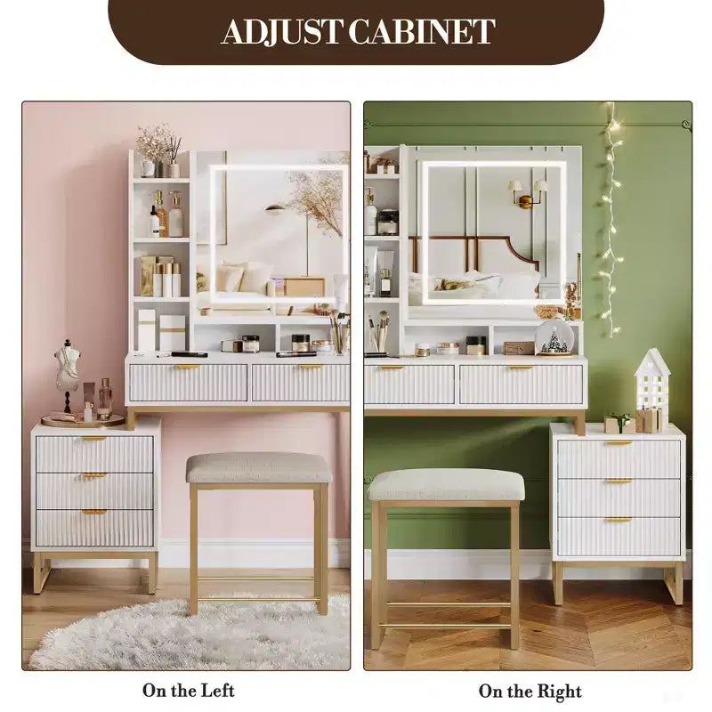 Toeletta con specchio e luci, Toeletta per il trucco con specchio scorrevole illuminato, Set tavolo da trucco con 4 cassetti, Sgabello imbottito