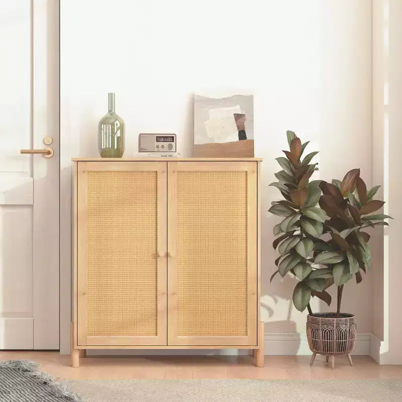 Credenza a Buffet con Ante in Rattan e Ripiani Regolabili, Mobile Contenitore da Cucina, Credenza Mobiletto Consolle per Ingresso Sala da Pranzo
