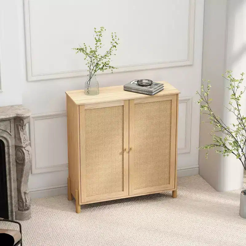 Credenza a Buffet con Ante in Rattan e Ripiani Regolabili, Mobile Contenitore da Cucina, Credenza Mobiletto Consolle per Ingresso Sala da Pranzo