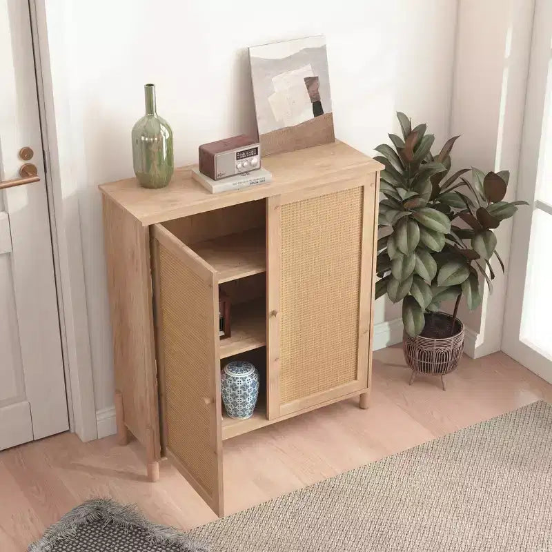 Credenza a Buffet con Ante in Rattan e Ripiani Regolabili, Mobile Contenitore da Cucina, Credenza Mobiletto Consolle per Ingresso Sala da Pranzo