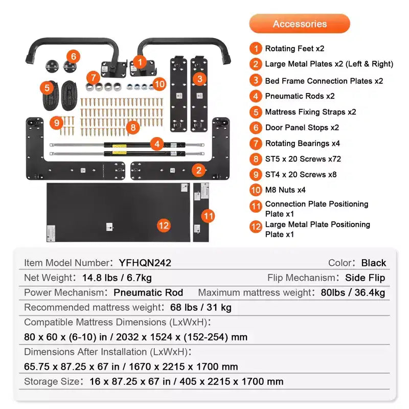 Kit letto a scomparsa VEVOR, Queen Size, Kit hardware meccanico per letto a muro Deluxe fai da te, Supporto per telaio letto resistente con leva pneumatica, Letto pieghevole, Nero