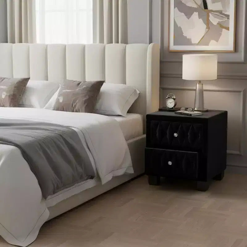 Homy Casa Nightstand  Upholstered 3-Drawer Bedside Table with Diamond Tufted Front and Crystal Knobs