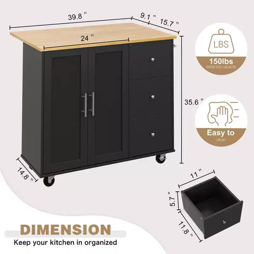 Carrello da Cucina su Ruote da 101 cm, Mobiletto Utility Spostabile con 3 Cassetti, 2 Ante, Portasciugamani per Sala da Pranzo