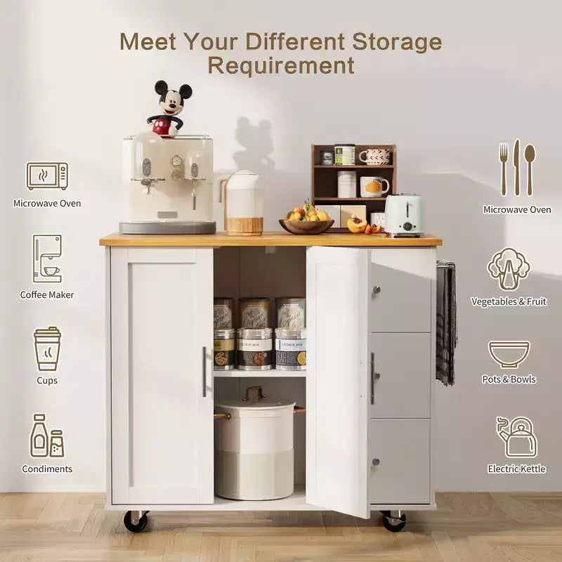 Carrello da Cucina Movibile Celebalcony da 39,8" W, Armadio Utilità con 3 Cassetti, 2 Ante, Portasciugamani per Sala da Pranzo