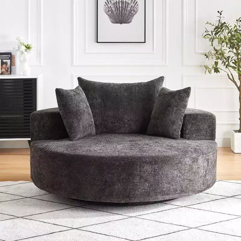 55 inch Black Chenille Foam Single Swivel Chair for Living Room Bedroom Lounge and Projection Room