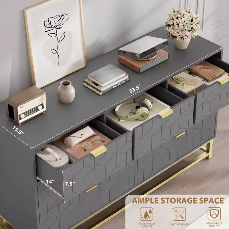 Comò da camera da letto, cassettiera a 7 cassetti con maniglie dorate