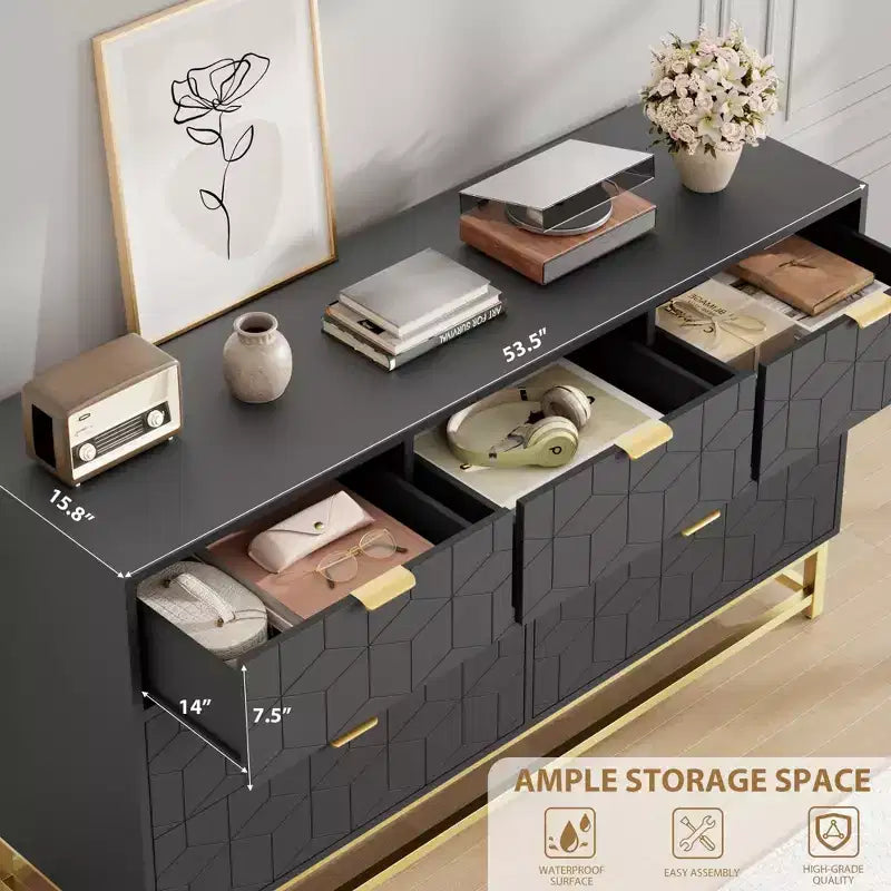 Comò da camera da letto, cassettiera a 7 cassetti con maniglie dorate