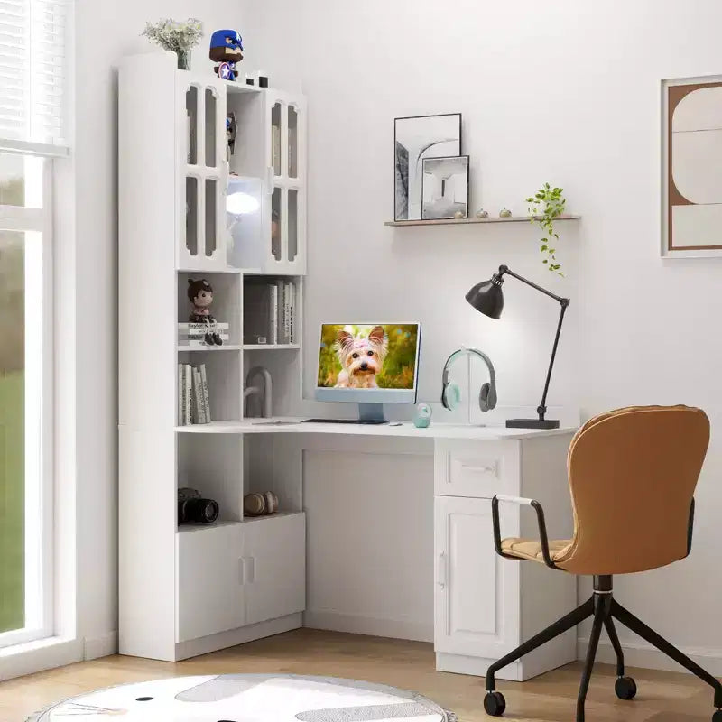 Scrivania a L moderna 2 in 1 da 140 cm con ante in vetro, scrivania angolare con cassetti e libreria, scrivania regolabile per casa e ufficio