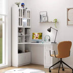 Scrivania a L moderna 2 in 1 da 140 cm con ante in vetro, scrivania angolare con cassetti e libreria, scrivania regolabile per casa e ufficio