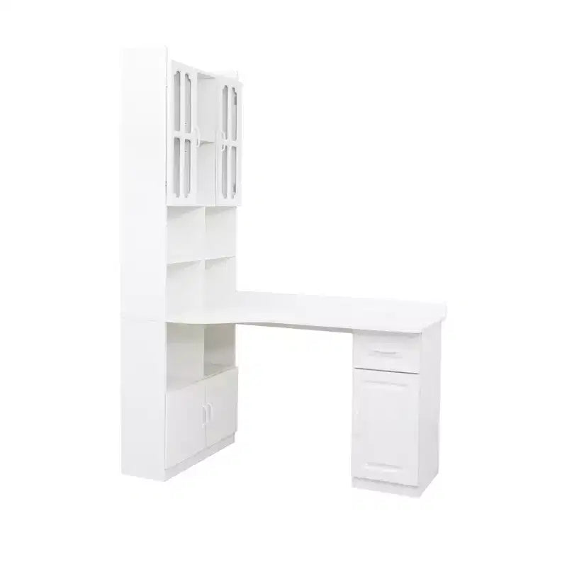 Scrivania a L moderna 2 in 1 da 140 cm con ante in vetro, scrivania angolare con cassetti e libreria, scrivania regolabile per casa e ufficio