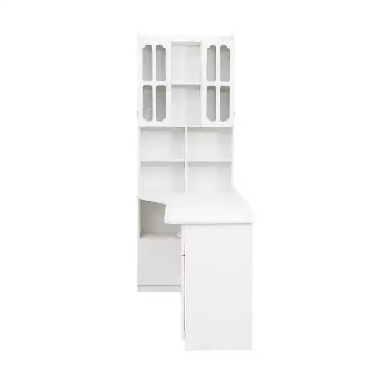 Scrivania a L moderna 2 in 1 da 140 cm con ante in vetro, scrivania angolare con cassetti e libreria, scrivania regolabile per casa e ufficio