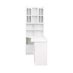 Scrivania a L moderna 2 in 1 da 140 cm con ante in vetro, scrivania angolare con cassetti e libreria, scrivania regolabile per casa e ufficio
