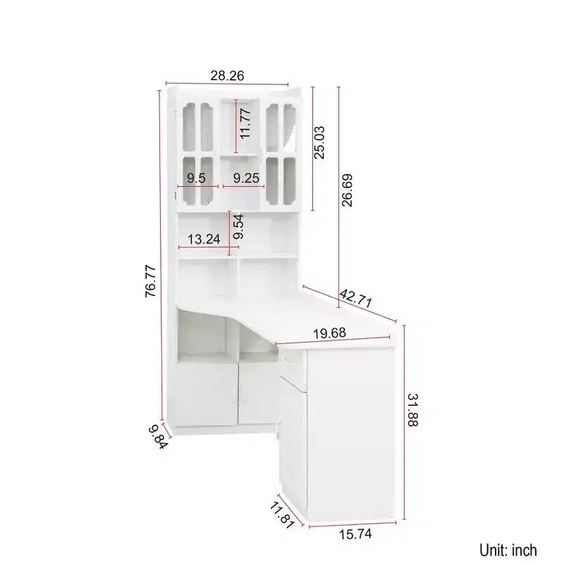 Scrivania a L moderna 2 in 1 da 140 cm con ante in vetro, scrivania angolare con cassetti e libreria, scrivania regolabile per casa e ufficio