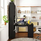 Scrivania a L moderna 2 in 1 da 140 cm con ante in vetro, scrivania angolare con cassetti e libreria, scrivania regolabile per casa e ufficio