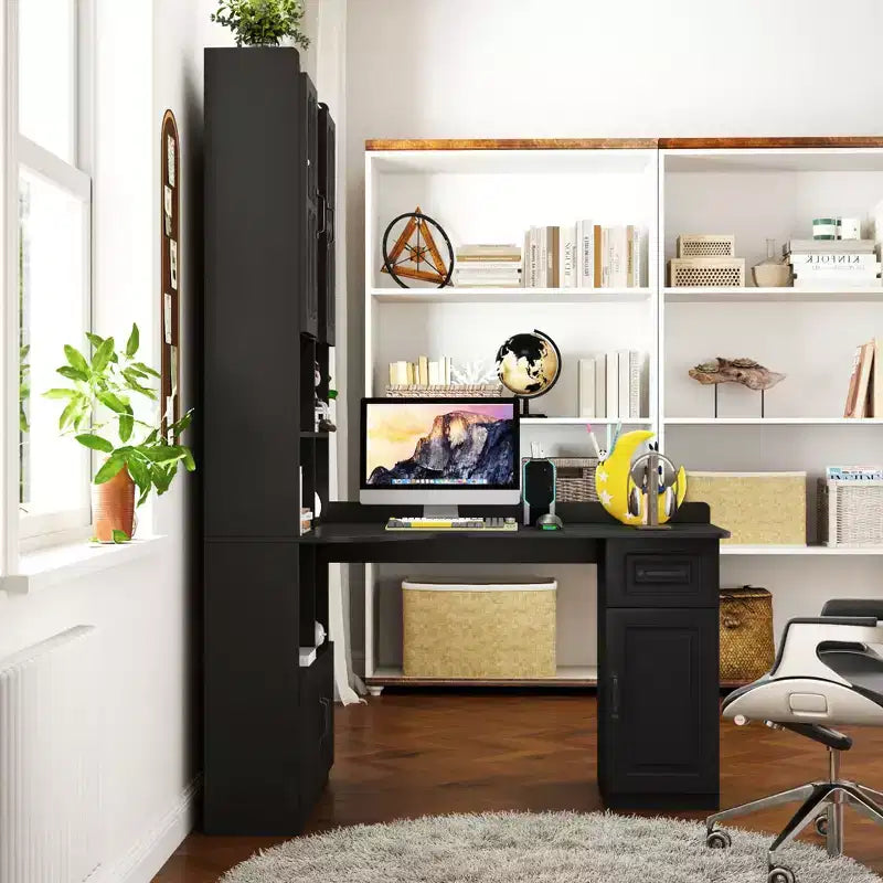 Scrivania a L moderna 2 in 1 da 140 cm con ante in vetro, scrivania angolare con cassetti e libreria, scrivania regolabile per casa e ufficio