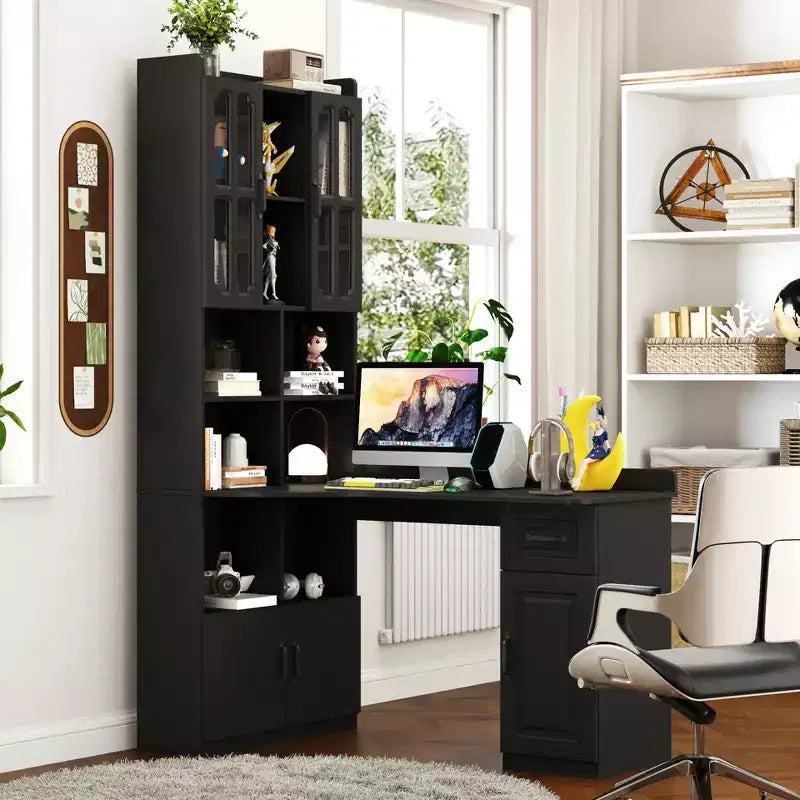 Scrivania a L moderna 2 in 1 da 140 cm con ante in vetro, scrivania angolare con cassetti e libreria, scrivania regolabile per casa e ufficio