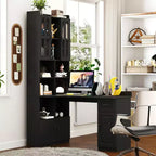 Scrivania a L moderna 2 in 1 da 140 cm con ante in vetro, scrivania angolare con cassetti e libreria, scrivania regolabile per casa e ufficio