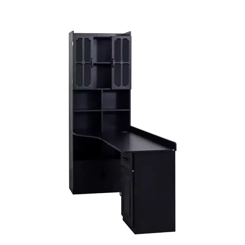 Scrivania a L moderna 2 in 1 da 140 cm con ante in vetro, scrivania angolare con cassetti e libreria, scrivania regolabile per casa e ufficio