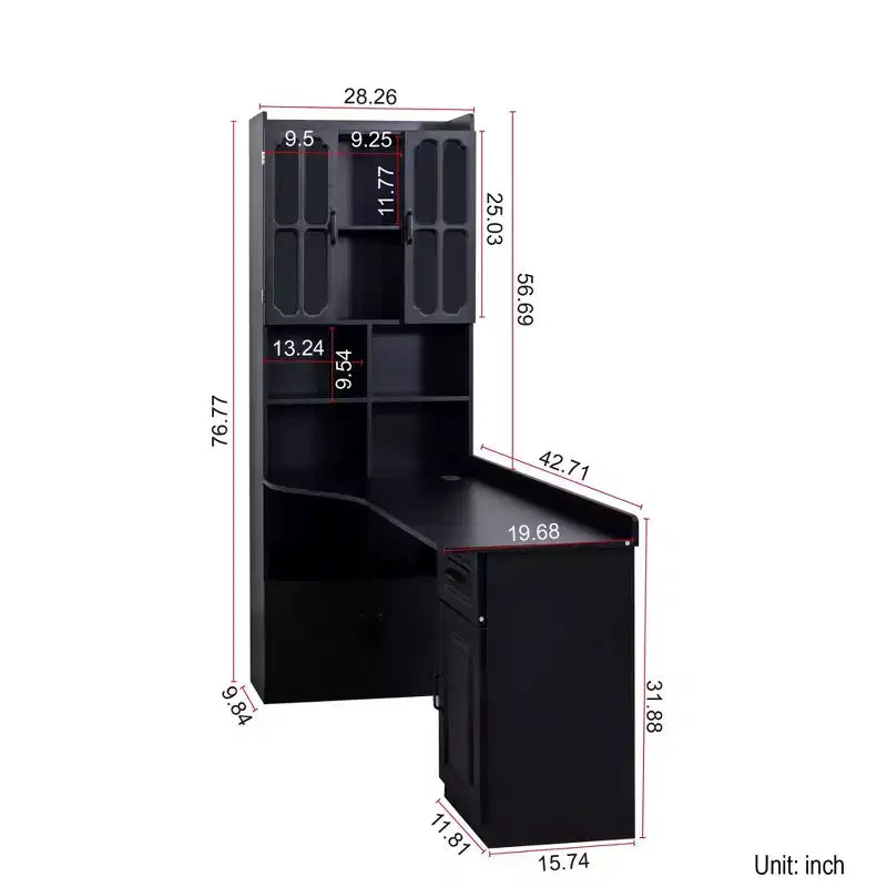 Scrivania a L moderna 2 in 1 da 140 cm con ante in vetro, scrivania angolare con cassetti e libreria, scrivania regolabile per casa e ufficio