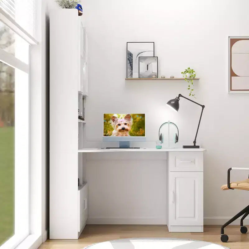 Scrivania a L moderna 2 in 1 da 140 cm con ante in vetro, scrivania angolare con cassetti e libreria, scrivania regolabile per casa e ufficio