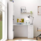 Scrivania a L moderna 2 in 1 da 140 cm con ante in vetro, scrivania angolare con cassetti e libreria, scrivania regolabile per casa e ufficio
