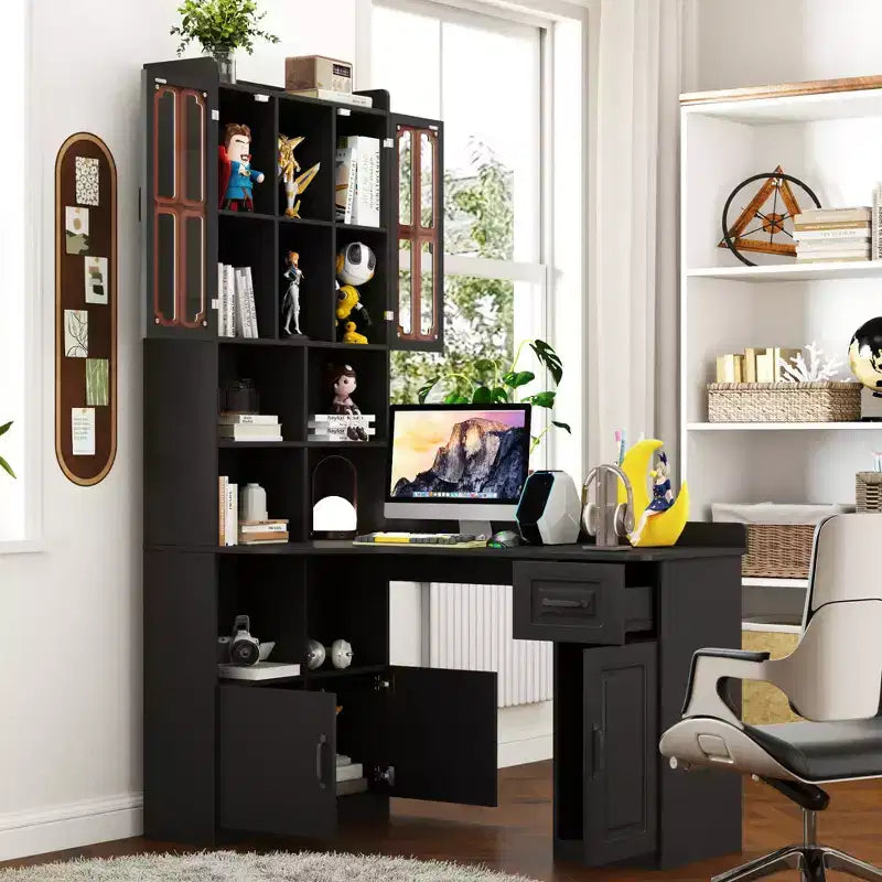 Scrivania a L moderna 2 in 1 da 140 cm con ante in vetro, scrivania angolare con cassetti e libreria, scrivania regolabile per casa e ufficio