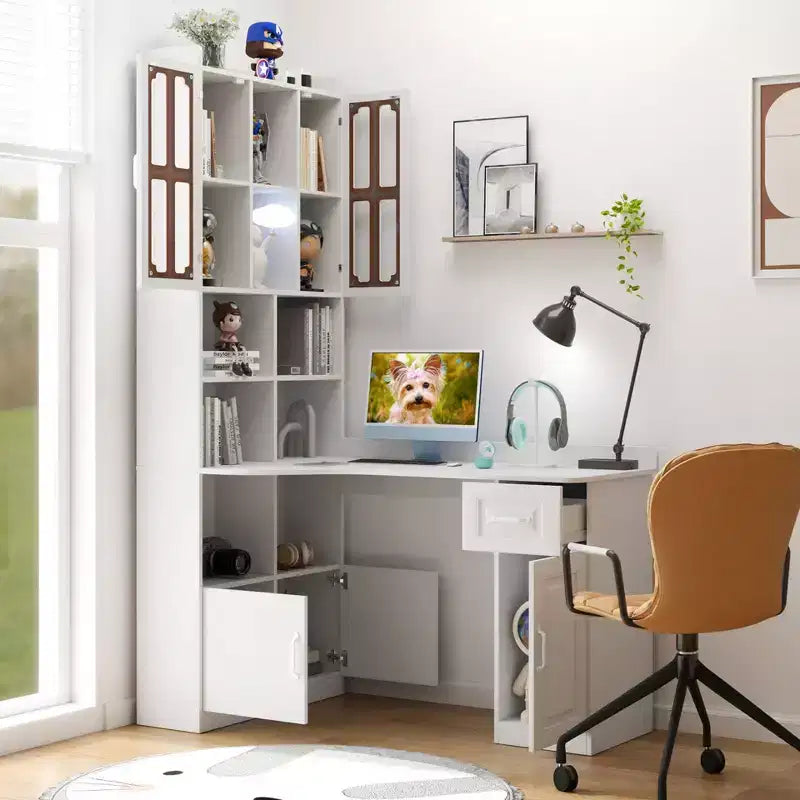 Okak 55.12IN Modern 2-in-1 L Shaped Desk with Glass Cabinet Doors, Corner Desk with Drawers and Bookshelf, Standing Desk for Home, Office