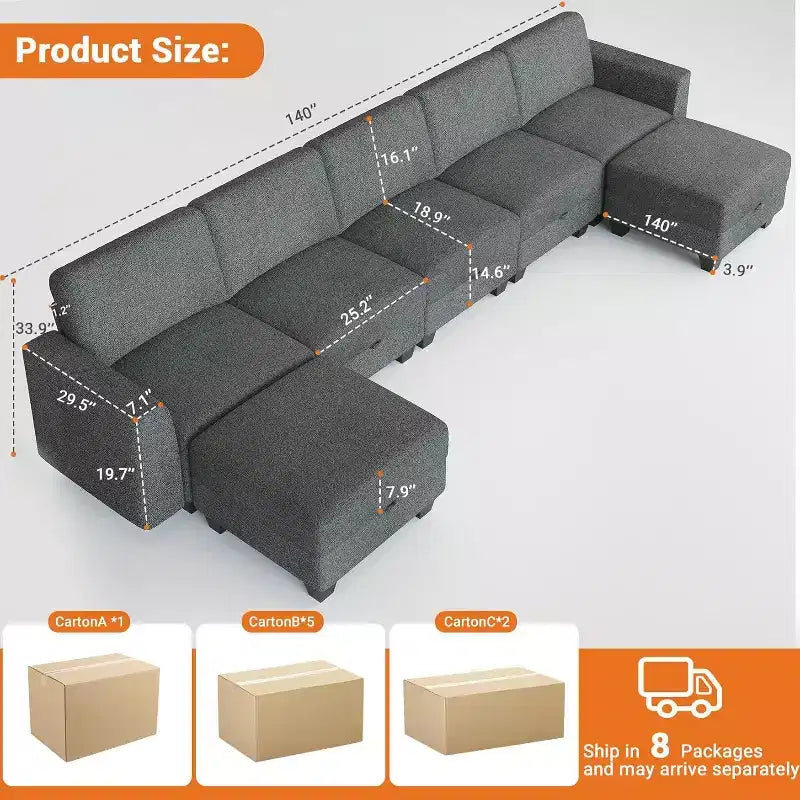 Divano componibile a U grande da 140 pollici con pouf chaise longue, divano modulare convertibile con pouf a 7 posti per soggiorno, ufficio - Grigio