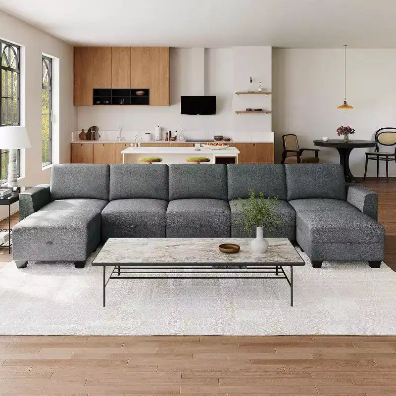Divano componibile a U grande da 140 pollici con pouf chaise longue, divano modulare convertibile con pouf a 7 posti per soggiorno, ufficio - Grigio