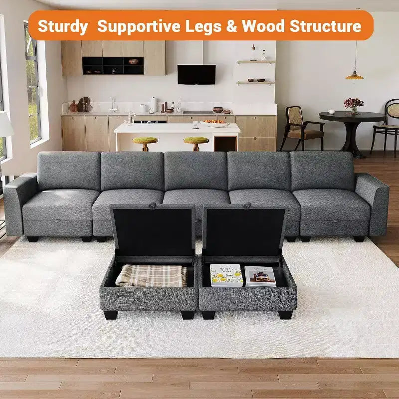 Divano componibile a U grande da 140 pollici con pouf chaise longue, divano modulare convertibile con pouf a 7 posti per soggiorno, ufficio - Grigio