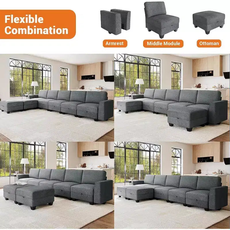 Divano componibile a U grande da 140 pollici con pouf chaise longue, divano modulare convertibile con pouf a 7 posti per soggiorno, ufficio - Grigio
