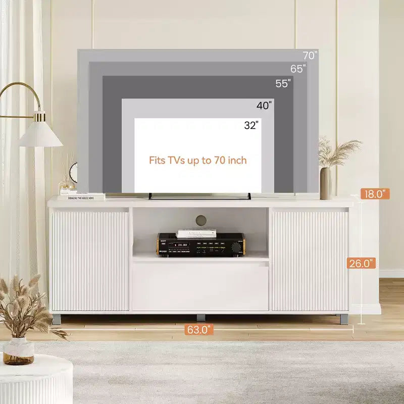 Mobile TV scanalato da 63'' per TV fino a 70'', moderno centro di intrattenimento con cassetto, 2 armadietti e mensola aperta, tavolo console multimediale per TV