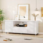 Mobile TV scanalato da 63'' per TV fino a 70'', moderno centro di intrattenimento con cassetto, 2 armadietti e mensola aperta, tavolo console multimediale per TV