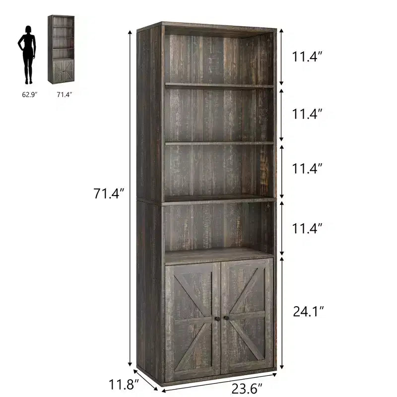 Libreria alta 181 cm, libreria stile rustico con ante e ripiani aperti, libreria autoportante a 6 livelli in legno per soggiorno, camera da letto, ufficio