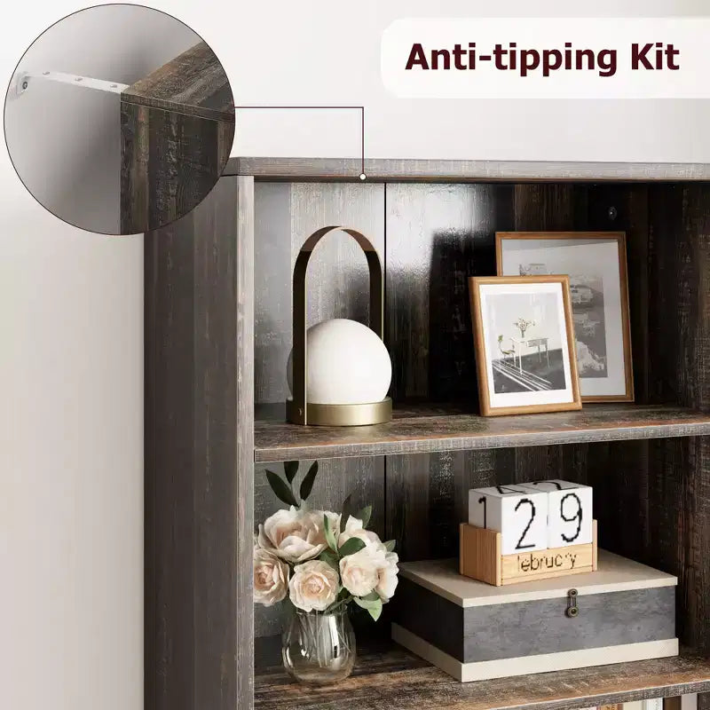 Libreria alta 181 cm, libreria stile rustico con ante e ripiani aperti, libreria autoportante a 6 livelli in legno per soggiorno, camera da letto, ufficio