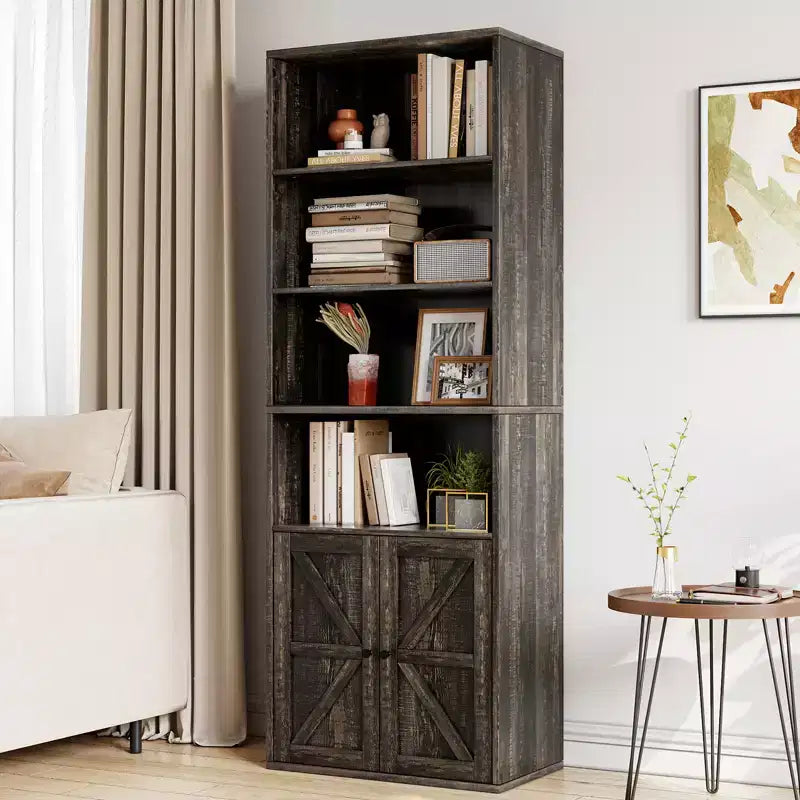 Libreria alta 181 cm, libreria stile rustico con ante e ripiani aperti, libreria autoportante a 6 livelli in legno per soggiorno, camera da letto, ufficio