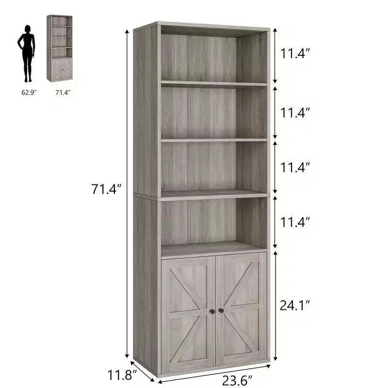 Libreria alta 181 cm, libreria stile rustico con ante e ripiani aperti, libreria autoportante a 6 livelli in legno per soggiorno, camera da letto, ufficio