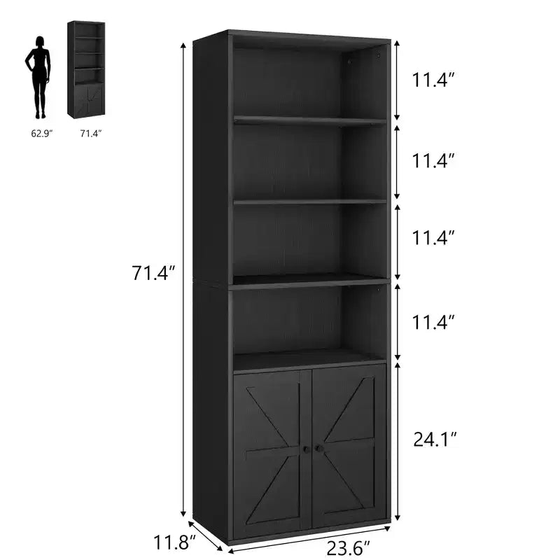 Libreria alta 181 cm, libreria stile rustico con ante e ripiani aperti, libreria autoportante a 6 livelli in legno per soggiorno, camera da letto, ufficio
