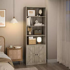 Libreria alta 181 cm, libreria stile rustico con ante e ripiani aperti, libreria autoportante a 6 livelli in legno per soggiorno, camera da letto, ufficio