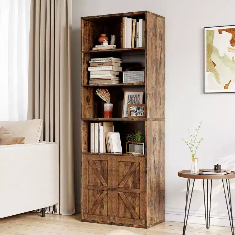 Libreria alta 181 cm, libreria stile rustico con ante e ripiani aperti, libreria autoportante a 6 livelli in legno per soggiorno, camera da letto, ufficio