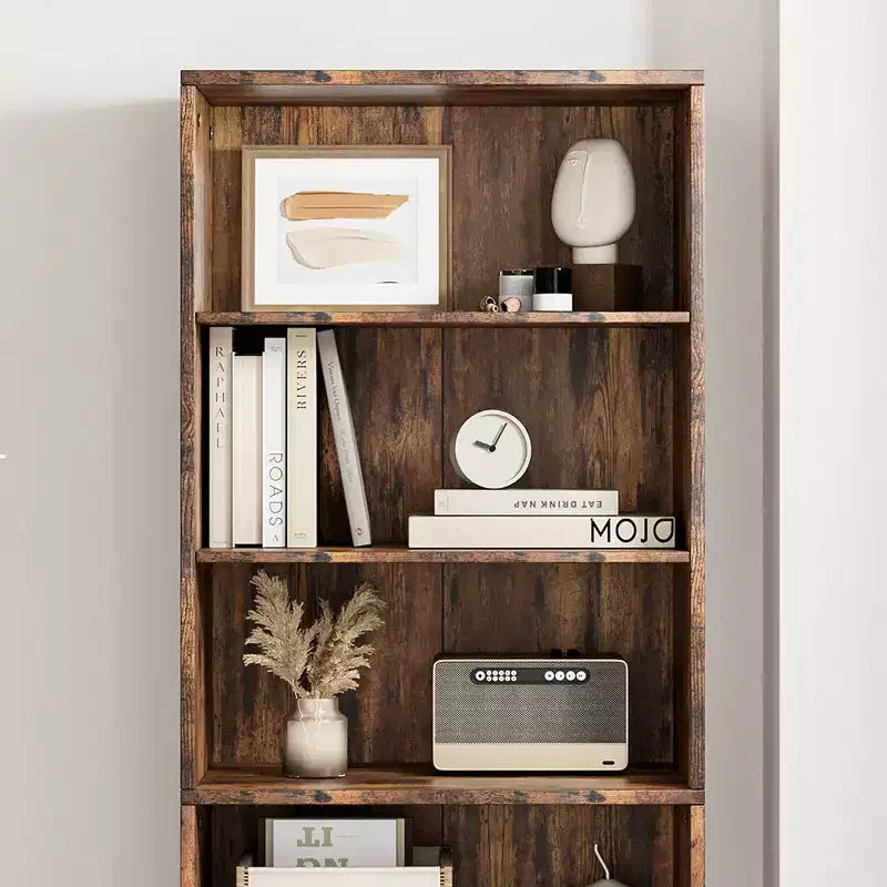 Libreria alta 181 cm, libreria stile rustico con ante e ripiani aperti, libreria autoportante a 6 livelli in legno per soggiorno, camera da letto, ufficio