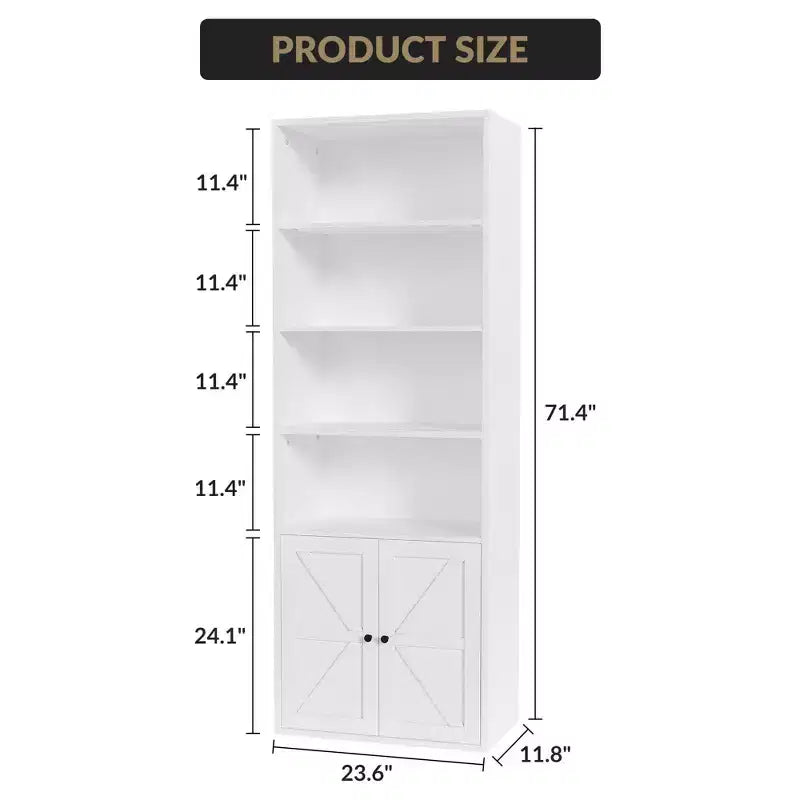 Libreria alta 181 cm, libreria stile rustico con ante e ripiani aperti, libreria autoportante a 6 livelli in legno per soggiorno, camera da letto, ufficio