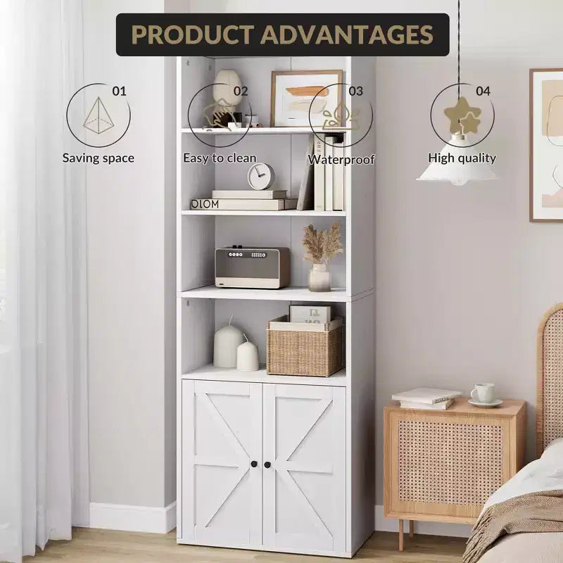 Libreria alta 181 cm, libreria stile rustico con ante e ripiani aperti, libreria autoportante a 6 livelli in legno per soggiorno, camera da letto, ufficio
